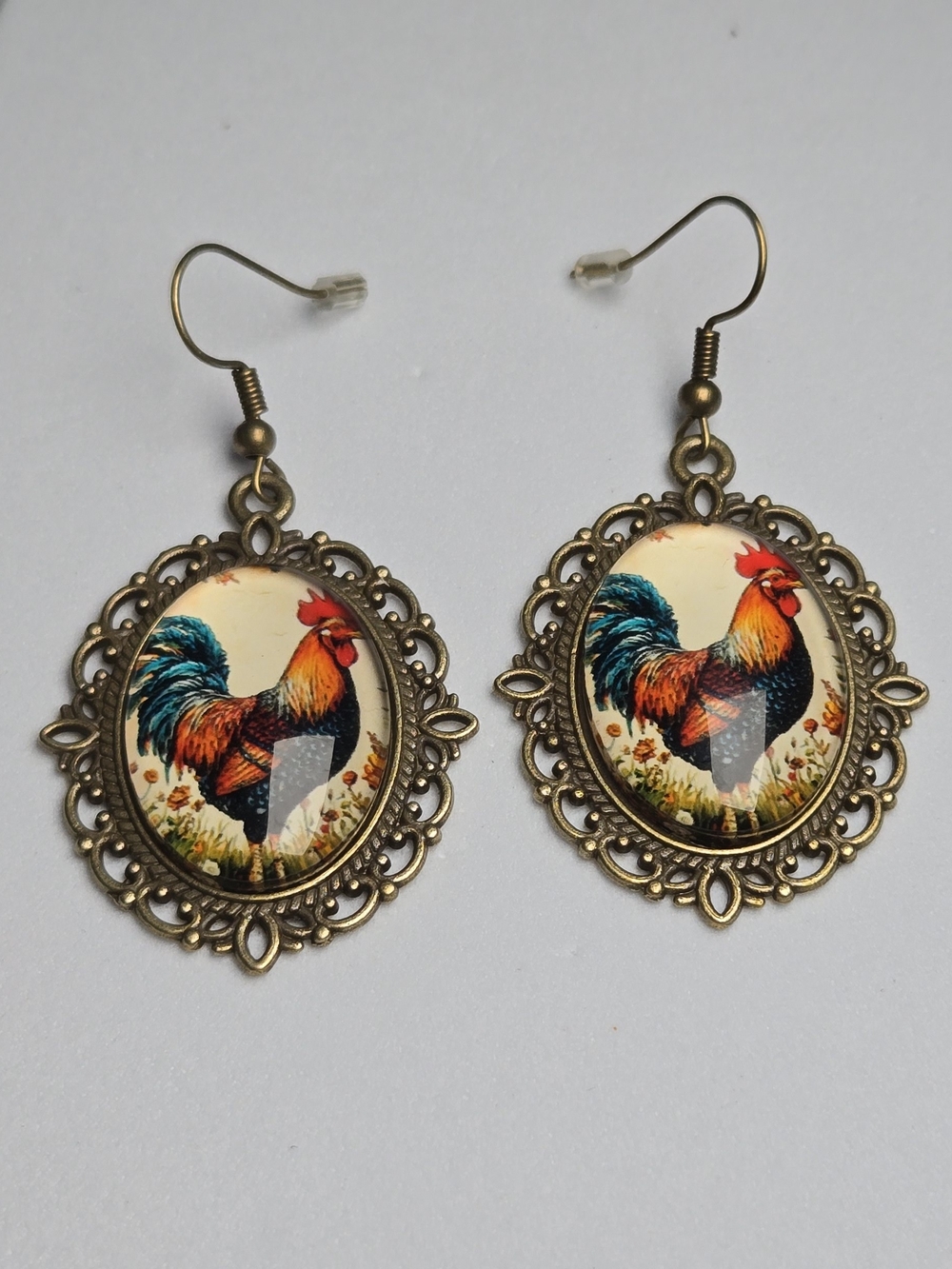 Rooster Earrings Glass Cabochon Antique Gold Filigree Farmhouse Chicken Dangle - Picture 5 of 5